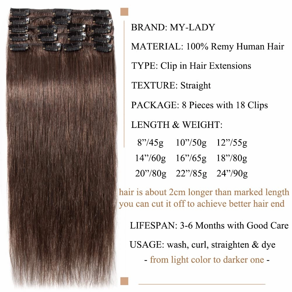 MY-LADY Clip in Hair Extensions Real Human Hair Medium Brown 8 Inch 45g Remy Hair 8pcs Weft Balayage Full Head Silky Natural Straight for Women