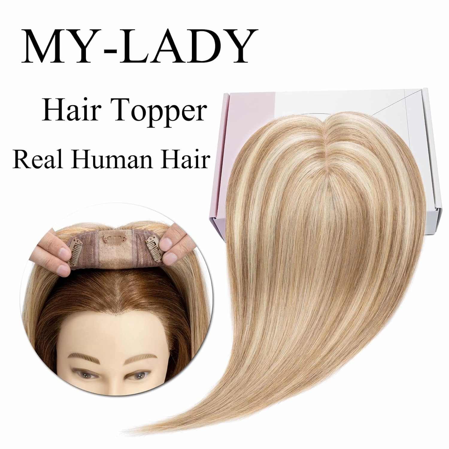 MY-LADY Human Hair Toppers for Women Real Human Hair for Thinning Hair 10*12CM Silk Base Hairpieces No Bangs 130% Density Straight Clip in Remy Hair Pieces 14 Inch #12/613 Golden Brown & Bleach Blonde