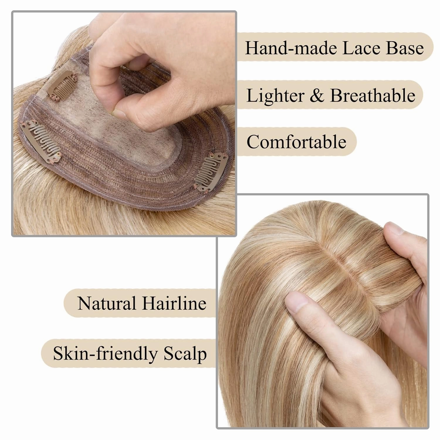 MY-LADY Human Hair Toppers for Women Real Human Hair for Thinning Hair 10*12CM Silk Base Hairpieces No Bangs 130% Density Straight Clip in Remy Hair Pieces 14 Inch #12/613 Golden Brown & Bleach Blonde