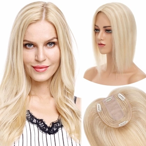 MY-LADY Human Hair Toppers for Women Real Human Hair for Thinning Hair 10*12CM Silk Base Hairpieces No Bangs 130% Density Straight Clip in Remy Hair Pieces 14 Inch #18/613 Ash Blonde & Bleach Blonde