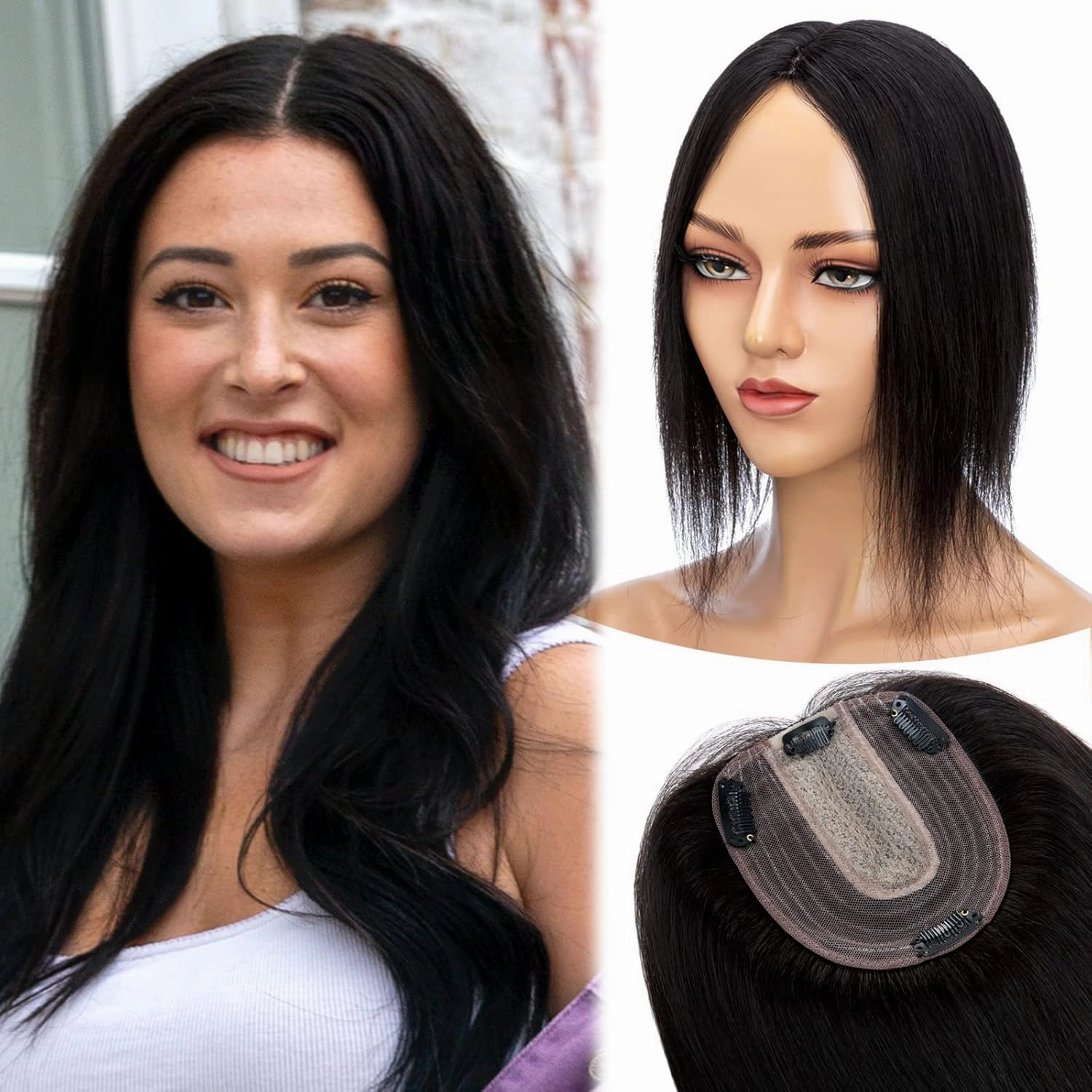 MY-LADY Human Hair Toppers for Women Real Human Hair for Thinning Hair 10 * 12CM Silk Base Hairpieces No Bangs 130% Density Clip in Remy Hair Pieces 14 Inch #1B Natural Black