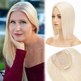 MY-LADY Human Hair Toppers for Women Real Human Hair for Thinning Hair 10 * 12CM Silk Base Hairpieces No Bangs 130% Density Clip in Remy Hair Pieces 14 Inch #60 Platinum Blonde
