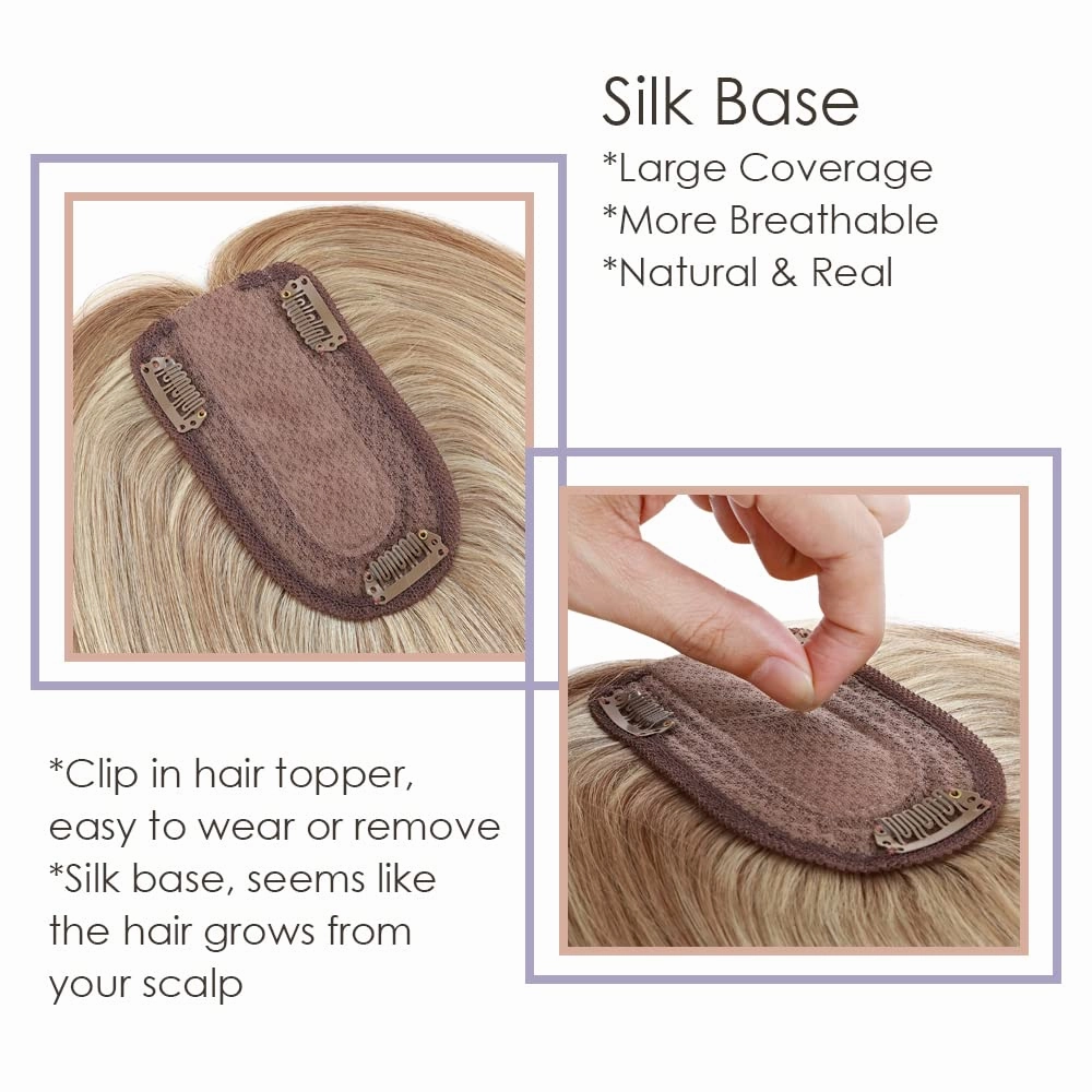 MY-LADY Human Hair Toppers for Women Real Human Hair for Thinning Hair 7*13CM Silk Base Hairpieces No Bangs 150% Density Straight Clip in Remy Hair Pieces 14 Inch #12/613 Golden Brown & Bleach Blonde