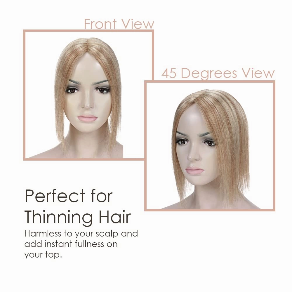 MY-LADY Human Hair Toppers for Women Real Human Hair for Thinning Hair 7*13CM Silk Base Hairpieces No Bangs 150% Density Straight Clip in Remy Hair Pieces 14 Inch #12/613 Golden Brown & Bleach Blonde