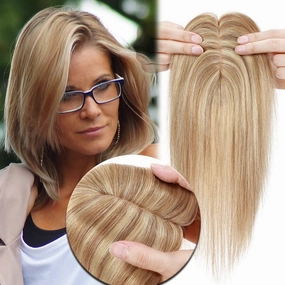 MY-LADY Human Hair Toppers for Women Real Human Hair for Thinning Hair 7*13CM Silk Base Hairpieces No Bangs 150% Density Straight Clip in Remy Hair Pieces 14 Inch #12/613 Golden Brown & Bleach Blonde