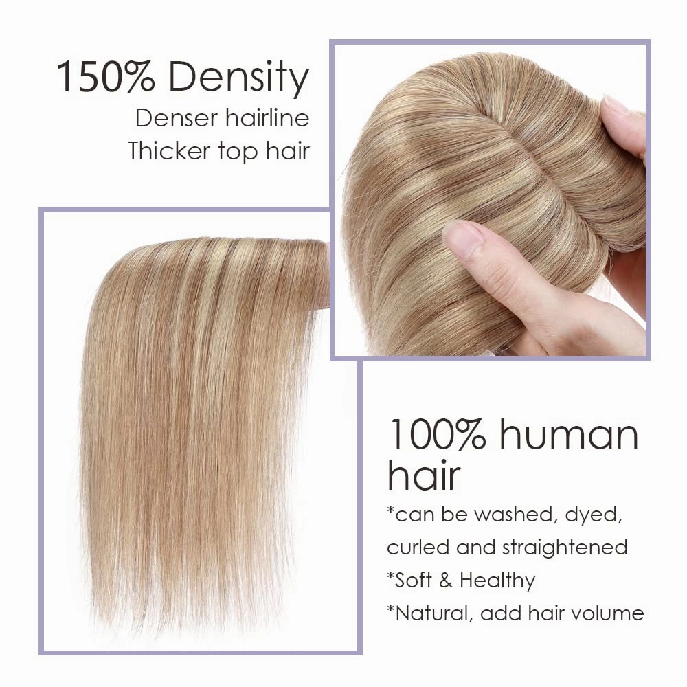 MY-LADY Human Hair Toppers for Women Real Human Hair for Thinning Hair 7*13CM Silk Base Hairpieces No Bangs 150% Density Straight Clip in Remy Hair Pieces 14 Inch #12/613 Golden Brown & Bleach Blonde