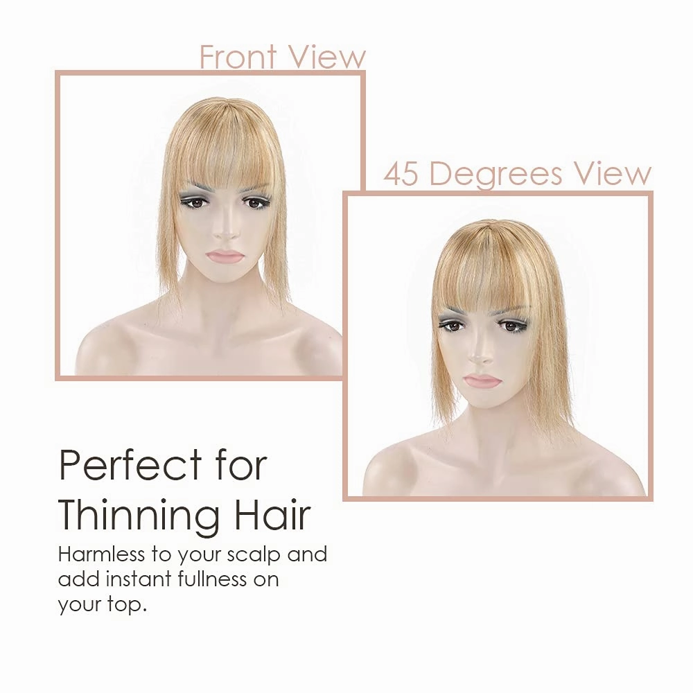 MY-LADY Human Hair Toppers for Women Real Human Hair for Thinning Hair 7*13CM Silk Base Hairpieces with Bangs 150% Density Straight Clip in Remy Hair Pieces 6 Inch #12/613 Golden Brown & Bleach Blonde