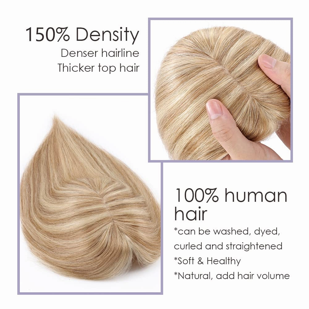 MY-LADY Human Hair Toppers for Women Real Human Hair for Thinning Hair 7*13CM Silk Base Hairpieces with Bangs 150% Density Straight Clip in Remy Hair Pieces 6 Inch #12/613 Golden Brown & Bleach Blonde