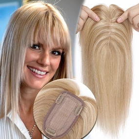 MY-LADY Human Hair Toppers for Women Real Human Hair for Thinning Hair 7*13CM Silk Base Hairpieces with Bangs 150% Density Straight Clip in Remy Hair Pieces 6 Inch #12/613 Golden Brown & Bleach Blonde