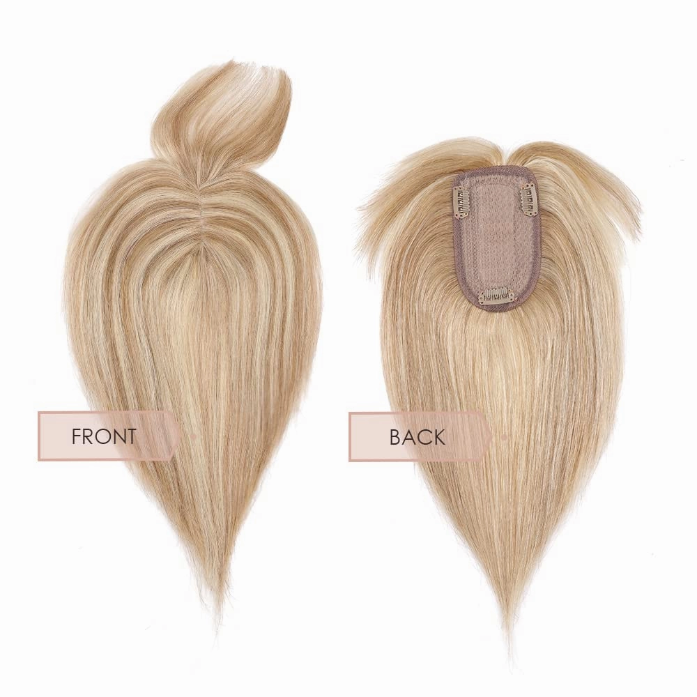 MY-LADY Human Hair Toppers for Women Real Human Hair for Thinning Hair 7*13CM Silk Base Hairpieces with Bangs 150% Density Straight Clip in Remy Hair Pieces 6 Inch #12/613 Golden Brown & Bleach Blonde
