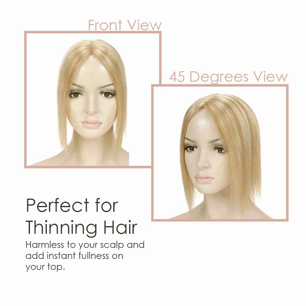 MY-LADY Human Hair Toppers for Women Real Human Hair for Thinning Hair 7 * 13CM Silk Base Hairpieces No Bangs 150% Density Clip in Remy Hair Pieces 14 Inch #18/613 Ash Blonde & Bleach Blonde