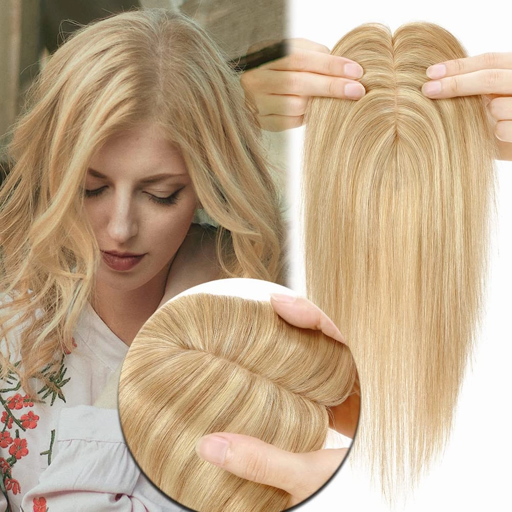 MY-LADY Human Hair Toppers for Women Real Human Hair for Thinning Hair 7 * 13CM Silk Base Hairpieces No Bangs 150% Density Clip in Remy Hair Pieces 14 Inch #18/613 Ash Blonde & Bleach Blonde