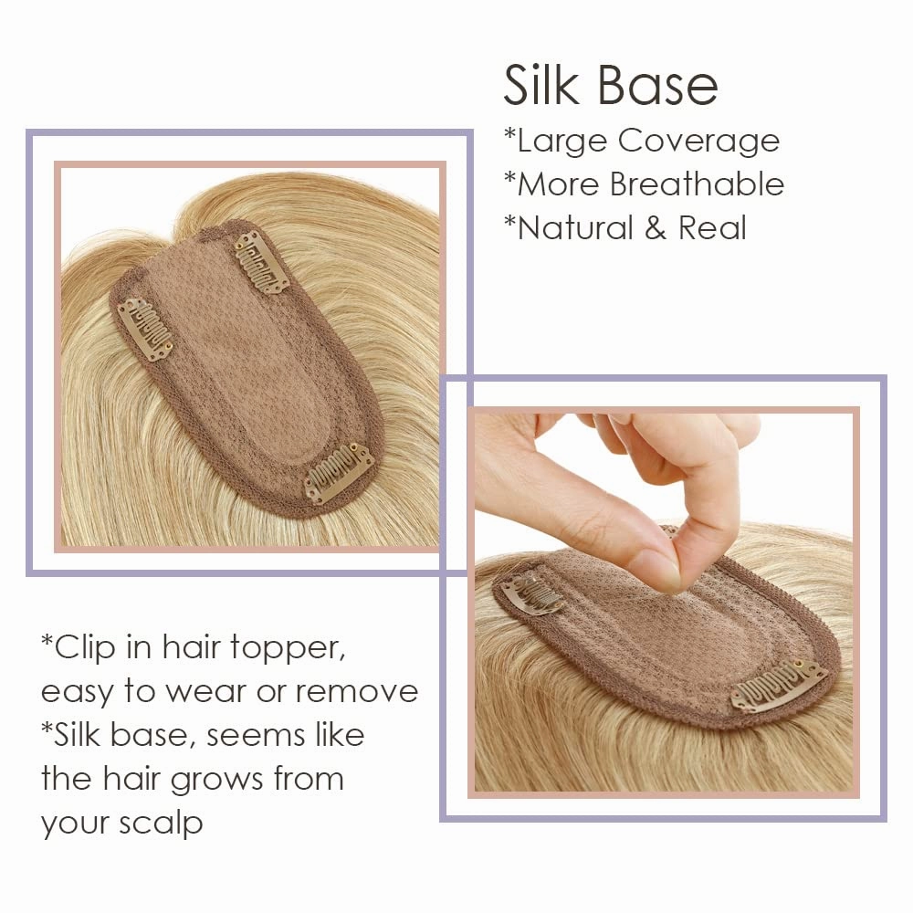 MY-LADY Human Hair Toppers for Women Real Human Hair for Thinning Hair 7 * 13CM Silk Base Hairpieces No Bangs 150% Density Clip in Remy Hair Pieces 14 Inch #18/613 Ash Blonde & Bleach Blonde