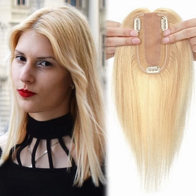 MY-LADY Human Hair Toppers for Women Real Human Hair for Thinning Hair 7 * 13CM Silk Base Hairpieces No Bangs 150% Density Clip in Remy Hair Pieces 6 Inch #613 Bleach Blonde