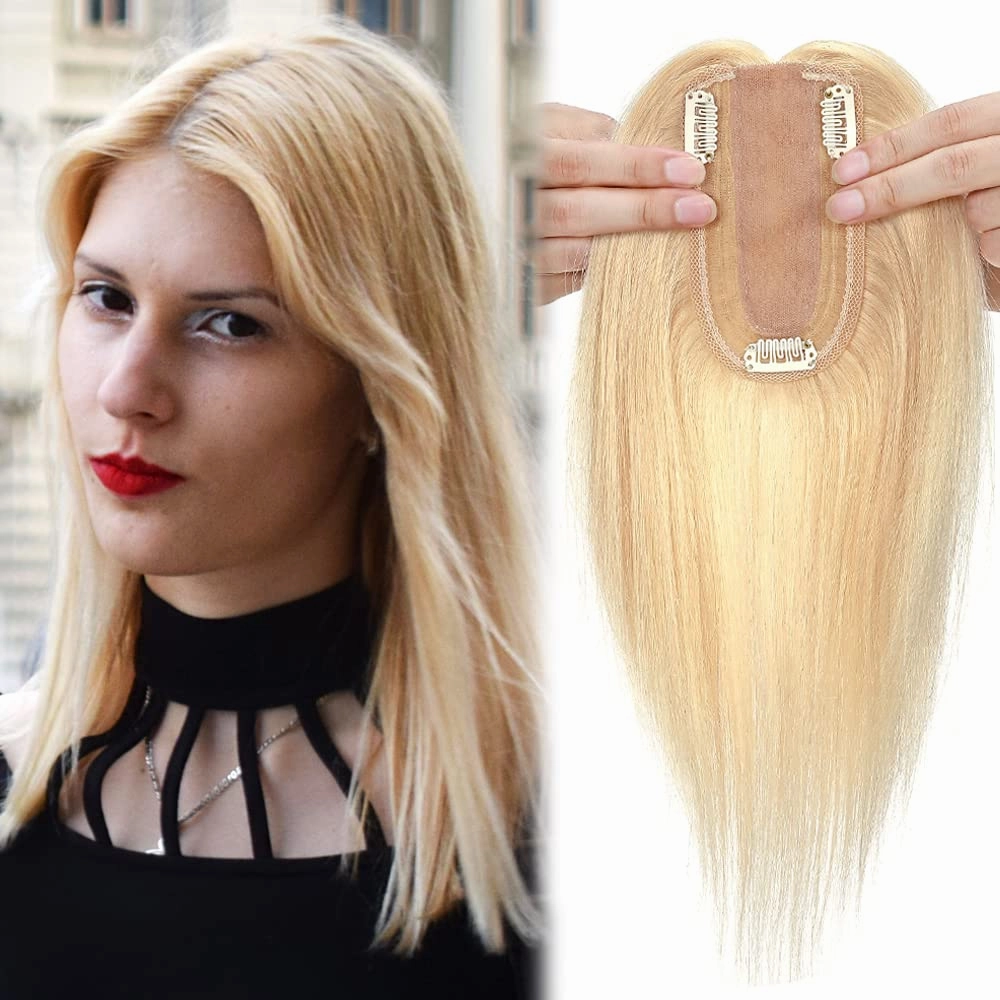 MY-LADY Human Hair Toppers for Women Real Human Hair for Thinning Hair 7 * 13CM Silk Base Hairpieces No Bangs 150% Density Clip in Remy Hair Pieces 6 Inch #613 Bleach Blonde
