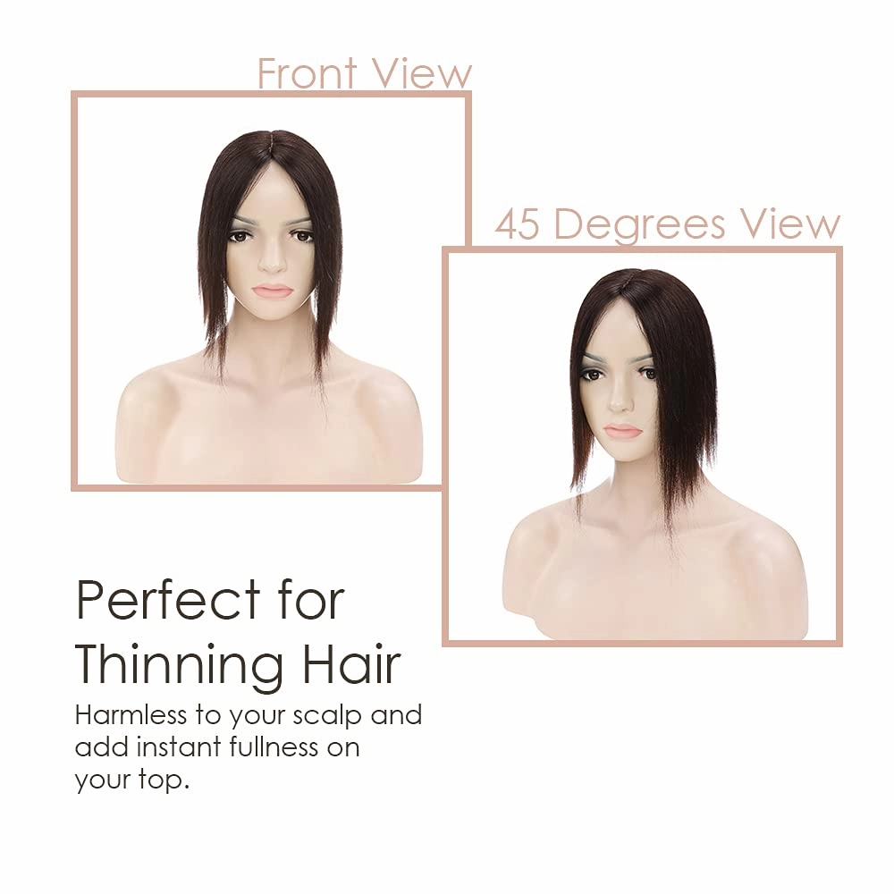 MY-LADY Human Hair Toppers for Women Real Human Hair for Thinning Hair 7 * 13CM Silk Base Hairpieces No Bangs 150% Density Straight Clip in Remy Hair Pieces 14 Inch #02 Dark Brown