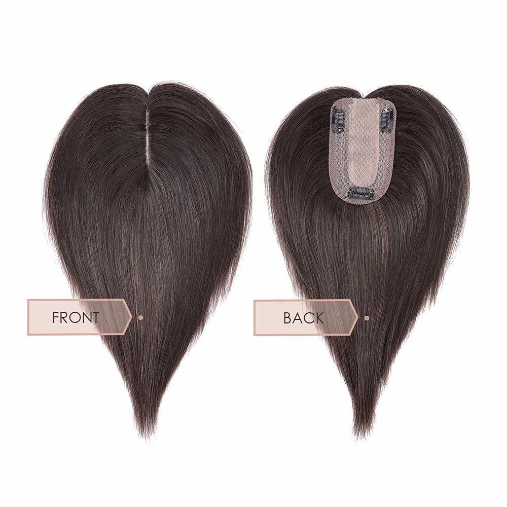 MY-LADY Human Hair Toppers for Women Real Human Hair for Thinning Hair 7 * 13CM Silk Base Hairpieces No Bangs 150% Density Straight Clip in Remy Hair Pieces 14 Inch #02 Dark Brown