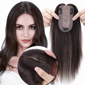 MY-LADY Human Hair Toppers for Women Real Human Hair for Thinning Hair 7 * 13CM Silk Base Hairpieces No Bangs 150% Density Straight Clip in Remy Hair Pieces 14 Inch #02 Dark Brown