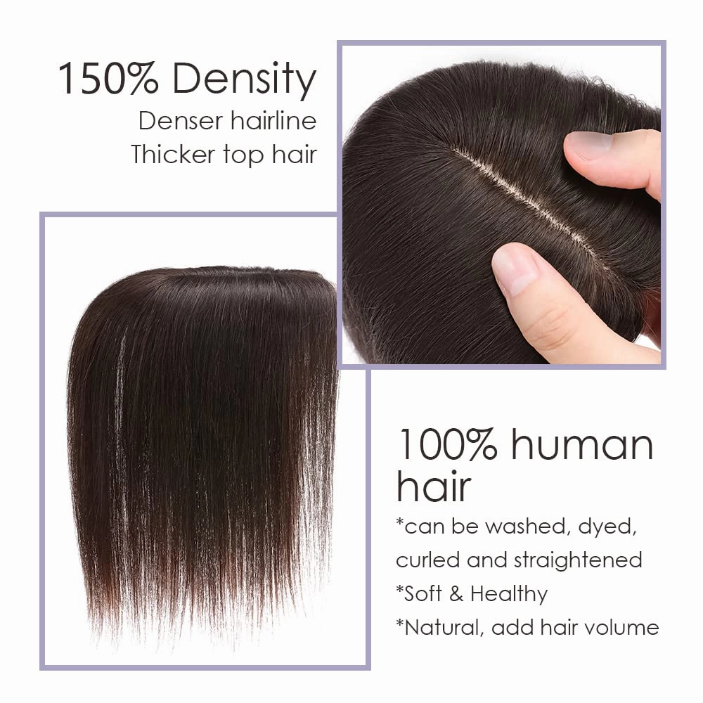 MY-LADY Human Hair Toppers for Women Real Human Hair for Thinning Hair 7 * 13CM Silk Base Hairpieces No Bangs 150% Density Straight Clip in Remy Hair Pieces 14 Inch #02 Dark Brown