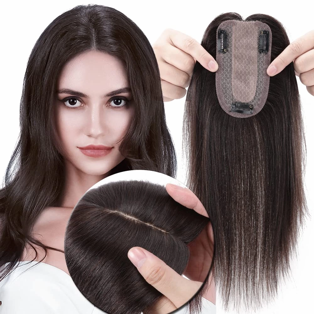 MY-LADY Human Hair Toppers for Women Real Human Hair for Thinning Hair 7 * 13CM Silk Base Hairpieces No Bangs 150% Density Straight Clip in Remy Hair Pieces 14 Inch #02 Dark Brown
