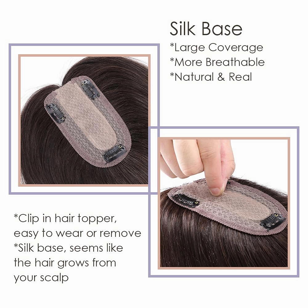 MY-LADY Human Hair Toppers for Women Real Human Hair for Thinning Hair 7 * 13CM Silk Base Hairpieces No Bangs 150% Density Straight Clip in Remy Hair Pieces 14 Inch #02 Dark Brown