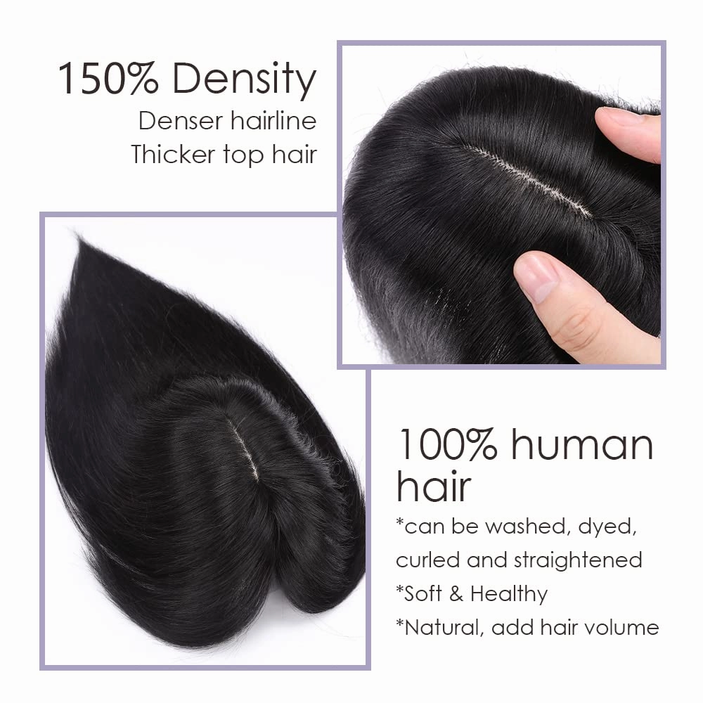 MY-LADY Human Hair Toppers for Women Real Human Hair for Thinning Hair 7 * 13CM Silk Base Hairpieces with Bangs 150% Density Clip in Remy Hair Piece 6 Inch Jet Black