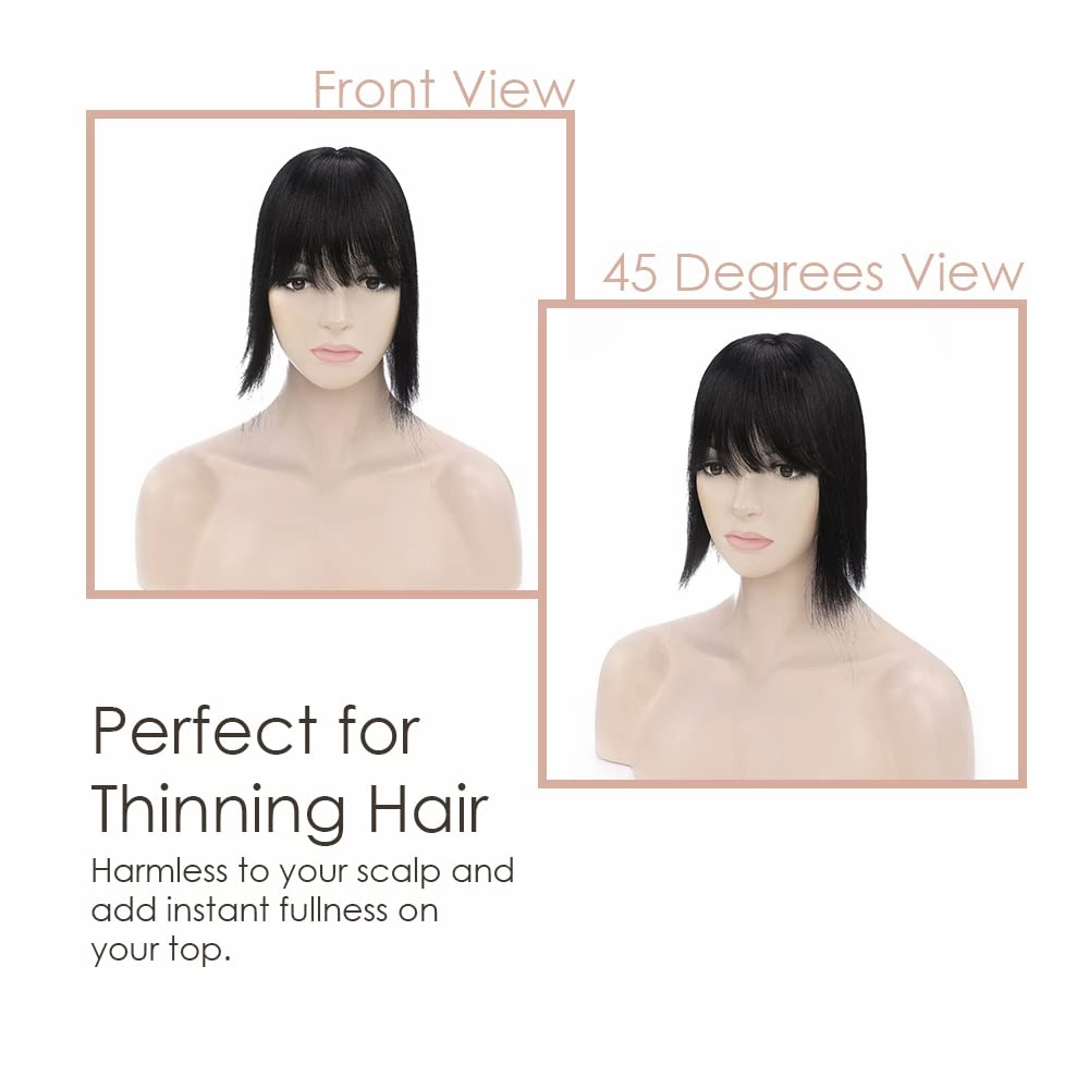 MY-LADY Human Hair Toppers for Women Real Human Hair for Thinning Hair 7 * 13CM Silk Base Hairpieces with Bangs 150% Density Clip in Remy Hair Piece 6 Inch Jet Black