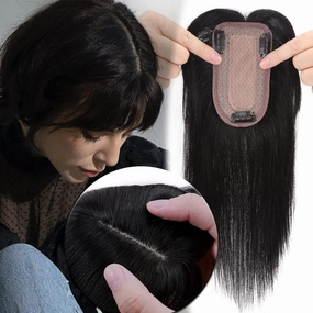 MY-LADY Human Hair Toppers for Women Real Human Hair for Thinning Hair 7 * 13CM Silk Base Hairpieces with Bangs 150% Density Clip in Remy Hair Piece 6 Inch Jet Black