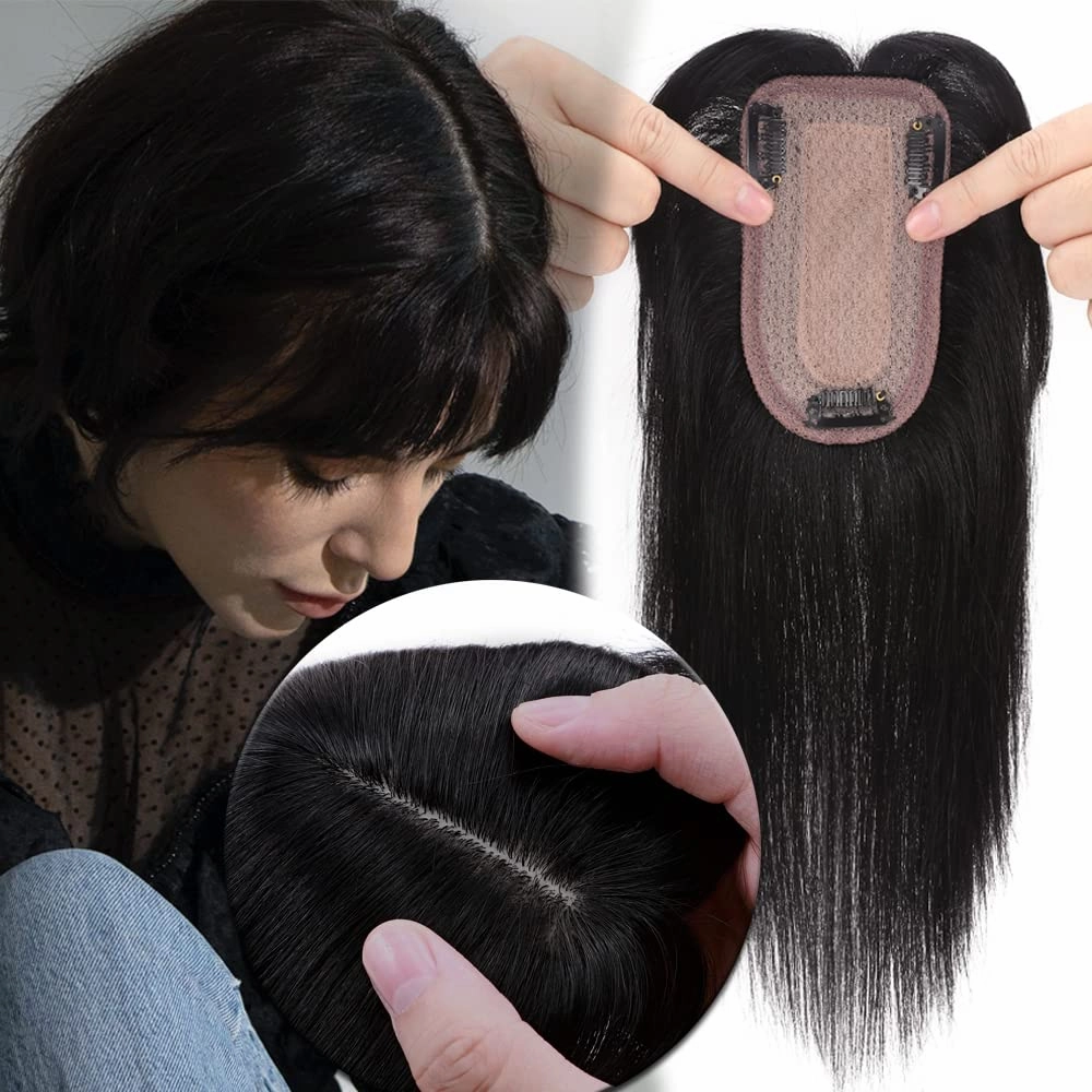 MY-LADY Human Hair Toppers for Women Real Human Hair for Thinning Hair 7 * 13CM Silk Base Hairpieces with Bangs 150% Density Clip in Remy Hair Piece 6 Inch Jet Black