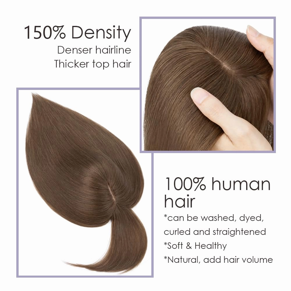 MY-LADY Human Hair Toppers for Women Real Human Hair for Thinning Hair 7 * 13CM Silk Base Hairpieces with Bangs 150% Density Clip in Remy Hair Pieces 14 Inch #04 Medium Brown