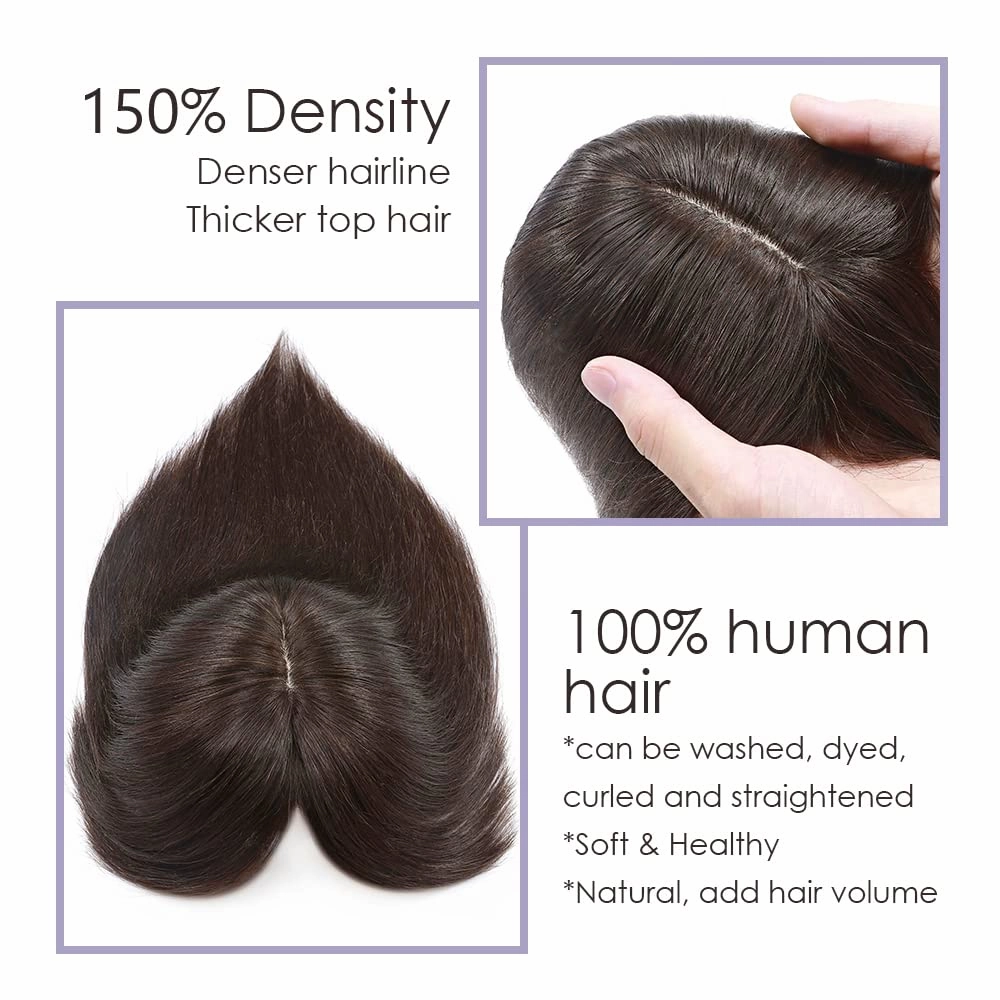 MY-LADY Human Hair Toppers for Women Real Human Hair for Thinning Hair 7 * 13CM Silk Base Hairpieces with Bangs 150% Density Clip in Remy Hair Pieces 14 Inch Dark Brown