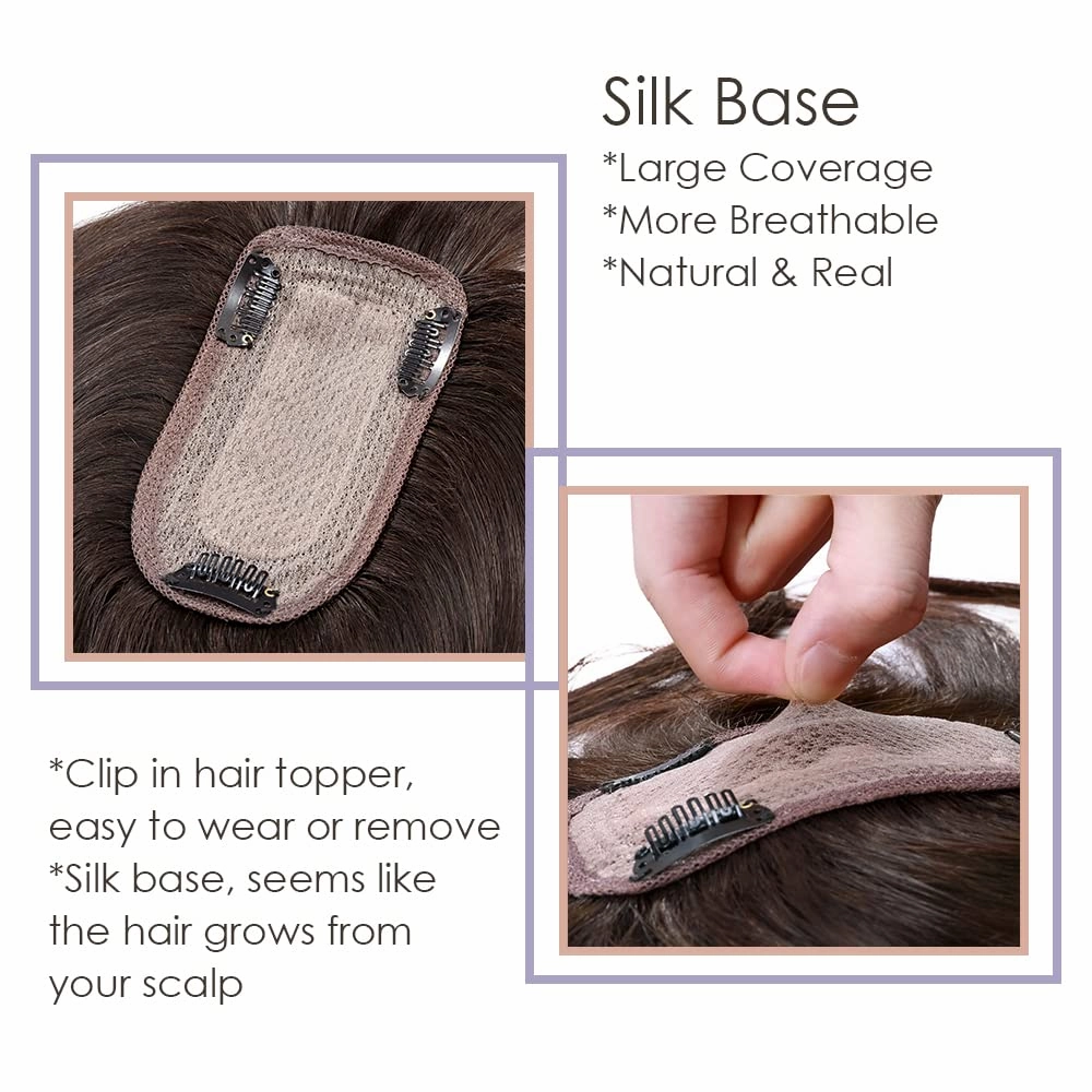 MY-LADY Human Hair Toppers for Women Real Human Hair for Thinning Hair 7 * 13CM Silk Base Hairpieces with Bangs 150% Density Clip in Remy Hair Pieces 14 Inch Dark Brown
