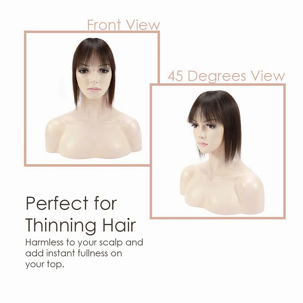 MY-LADY Human Hair Toppers for Women Real Human Hair for Thinning Hair 7 * 13CM Silk Base Hairpieces with Bangs 150% Density Clip in Remy Hair Pieces 14 Inch Dark Brown