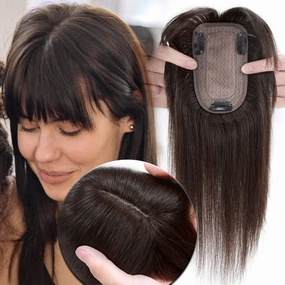 MY-LADY Human Hair Toppers for Women Real Human Hair for Thinning Hair 7 * 13CM Silk Base Hairpieces with Bangs 150% Density Clip in Remy Hair Pieces 14 Inch Dark Brown
