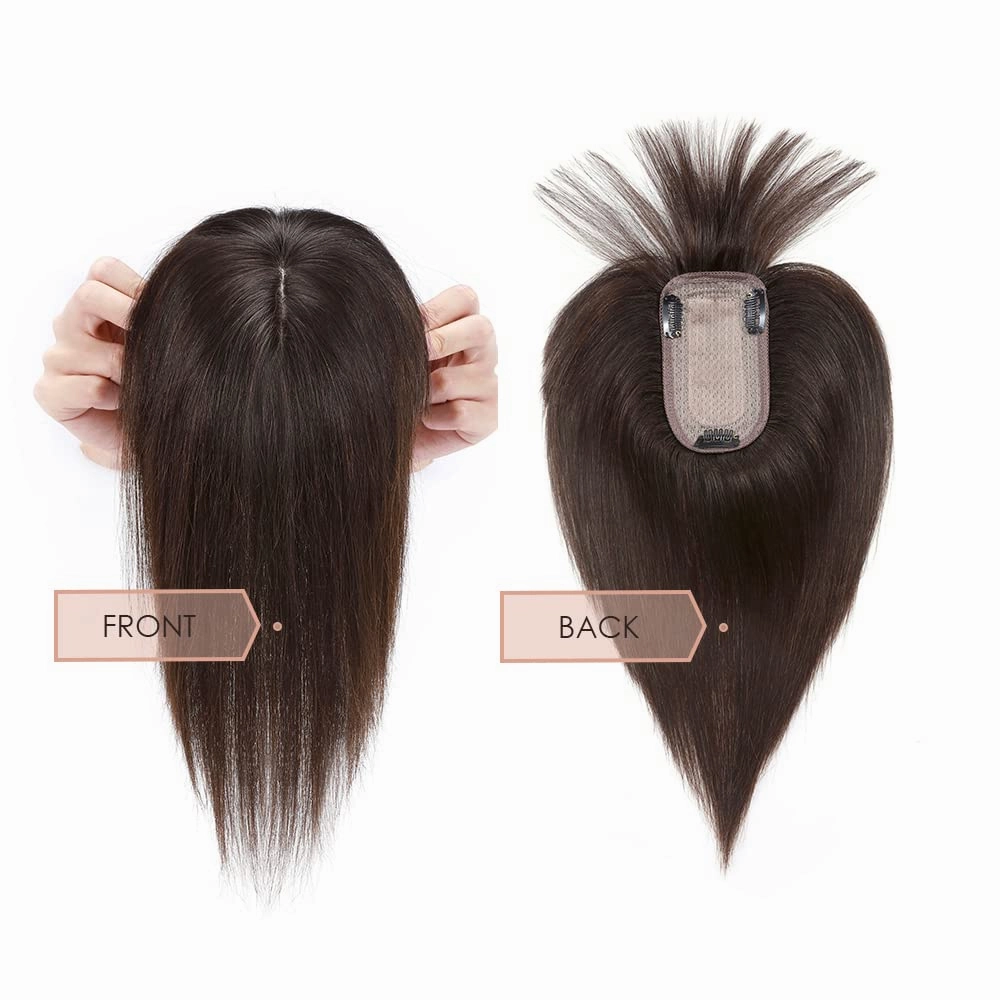 MY-LADY Human Hair Toppers for Women Real Human Hair for Thinning Hair 7 * 13CM Silk Base Hairpieces with Bangs 150% Density Clip in Remy Hair Pieces 14 Inch Dark Brown