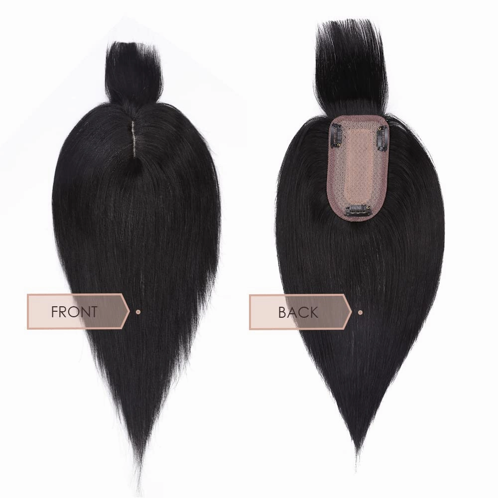 MY-LADY Human Hair Toppers for Women Real Human Hair for Thinning Hair 7 * 13CM Silk Base Hairpieces with Bangs 150% Density Clip in Remy Hair Pieces 14 Inch Jet Black