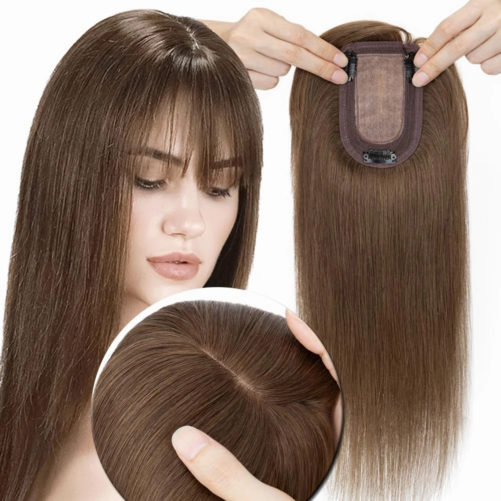 MY-LADY Human Hair Toppers for Women Real Human Hair for Thinning Hair 7 * 13CM Silk Base Hairpieces with Bangs 150% Density Clip in Remy Hair Pieces 6 Inch #04 Medium Brown