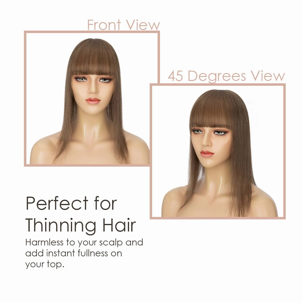 MY-LADY Human Hair Toppers for Women Real Human Hair for Thinning Hair 7 * 13CM Silk Base Hairpieces with Bangs 150% Density Clip in Remy Hair Pieces 6 Inch #04 Medium Brown
