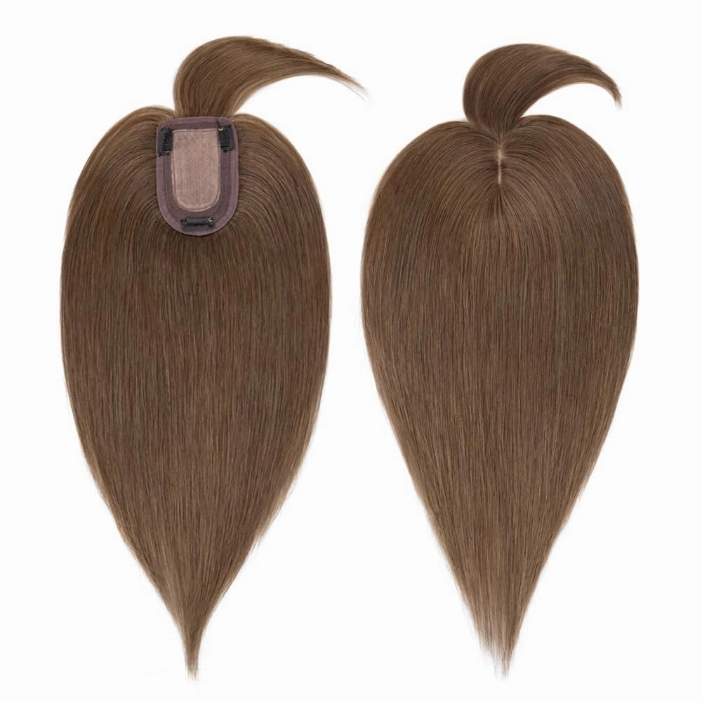 MY-LADY Human Hair Toppers for Women Real Human Hair for Thinning Hair 7 * 13CM Silk Base Hairpieces with Bangs 150% Density Clip in Remy Hair Pieces 6 Inch #04 Medium Brown