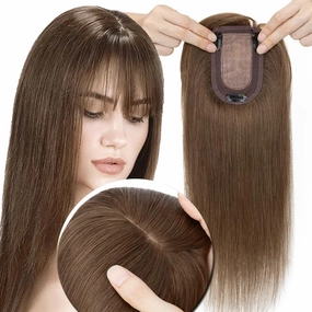 MY-LADY Human Hair Toppers for Women Real Human Hair for Thinning Hair 7 * 13CM Silk Base Hairpieces with Bangs 150% Density Clip in Remy Hair Pieces 6 Inch #04 Medium Brown