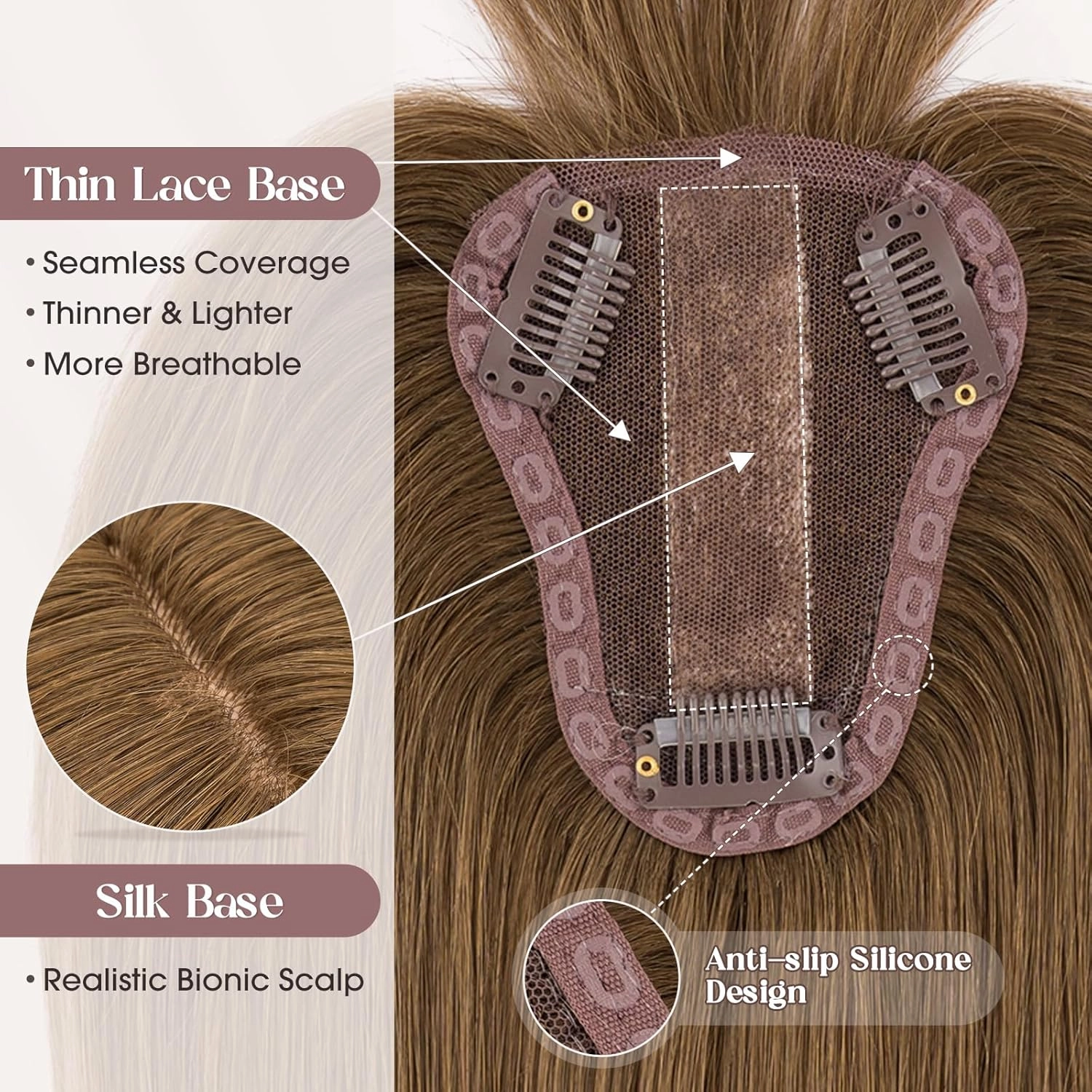 MY-LADY Human Hair Toppers for Women Real Human Hair with Bangs Thin 8 * 10CM Lace Silk Base Clip in Remy Hairpieces Hand-Tied Light Weight 10 Inch Medium Brown