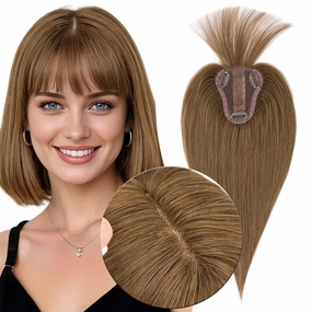 MY-LADY Human Hair Toppers for Women Real Human Hair with Bangs Thin 8 * 10CM Lace Silk Base Clip in Remy Hairpieces Hand-Tied Light Weight 10 Inch Medium Brown