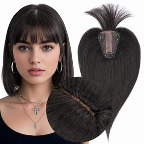MY-LADY Human Hair Toppers for Women Real Human Hair with Bangs Thin 8 * 10CM Lace Silk Base Clip in Remy Hairpieces Hand-Tied Light Weight 10 Inch Natural Black