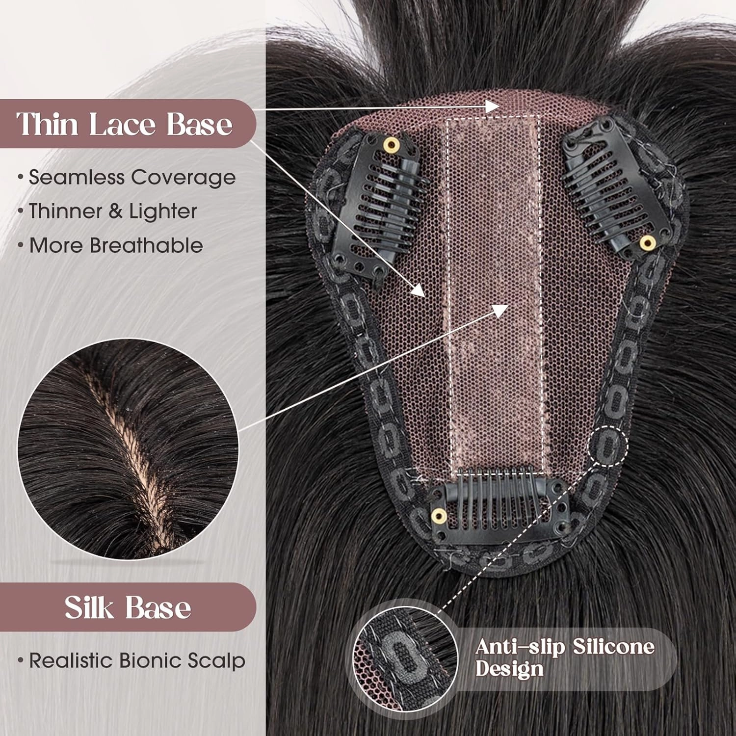 MY-LADY Human Hair Toppers for Women Real Human Hair with Bangs Thin 8 * 10CM Lace Silk Base Clip in Remy Hairpieces Hand-Tied Light Weight 10 Inch Natural Black