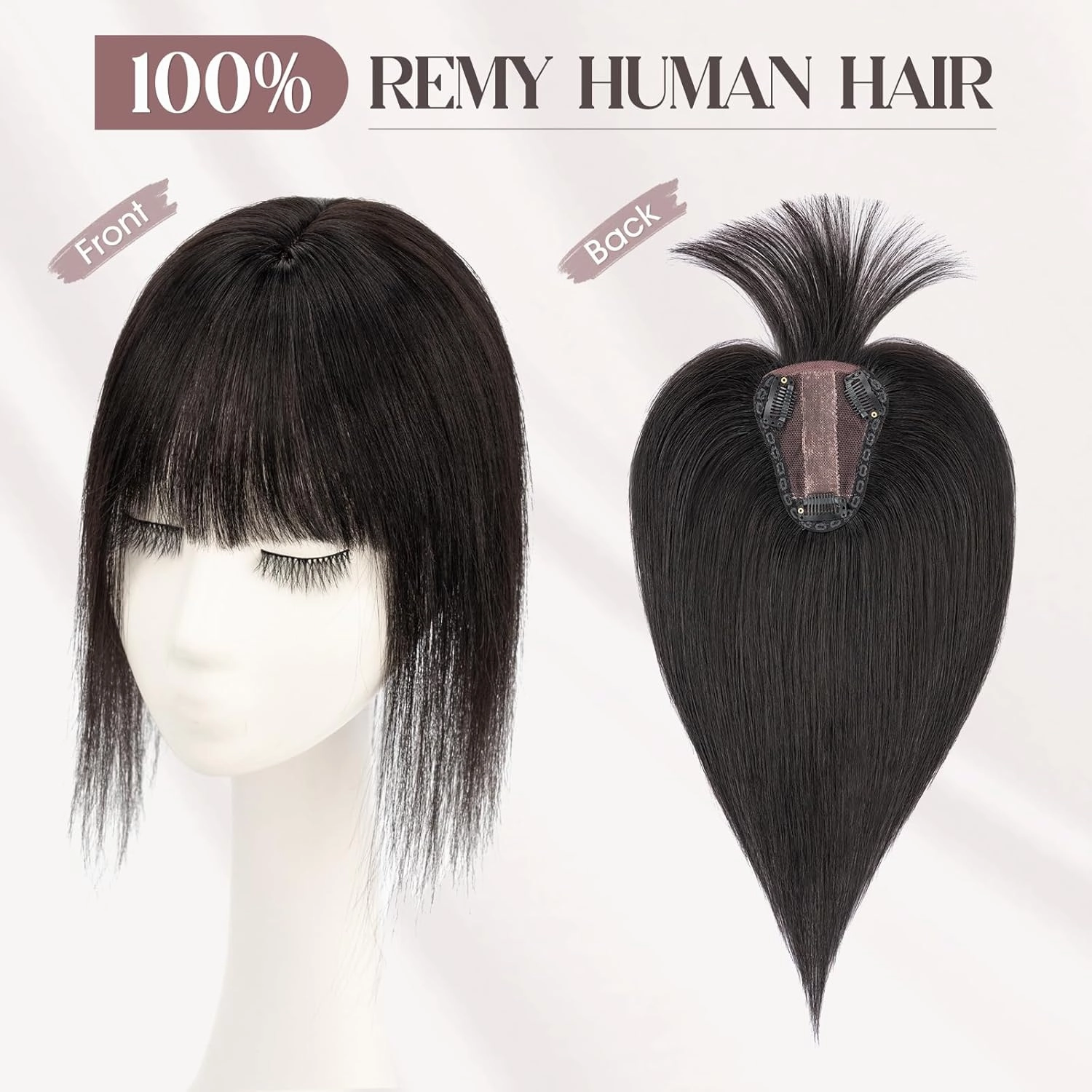 MY-LADY Human Hair Toppers for Women Real Human Hair with Bangs Thin 8 * 10CM Lace Silk Base Clip in Remy Hairpieces Hand-Tied Light Weight 10 Inch Natural Black