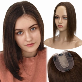 MY-LADY Human Hair Toppers for Women Real Remy Hair 130% Density 10 * 12CM Silk Base No Bangs Clip in Hair Pieces Straight Hairpiece for Thinning Hair 8 Inch #04 Medium Brown