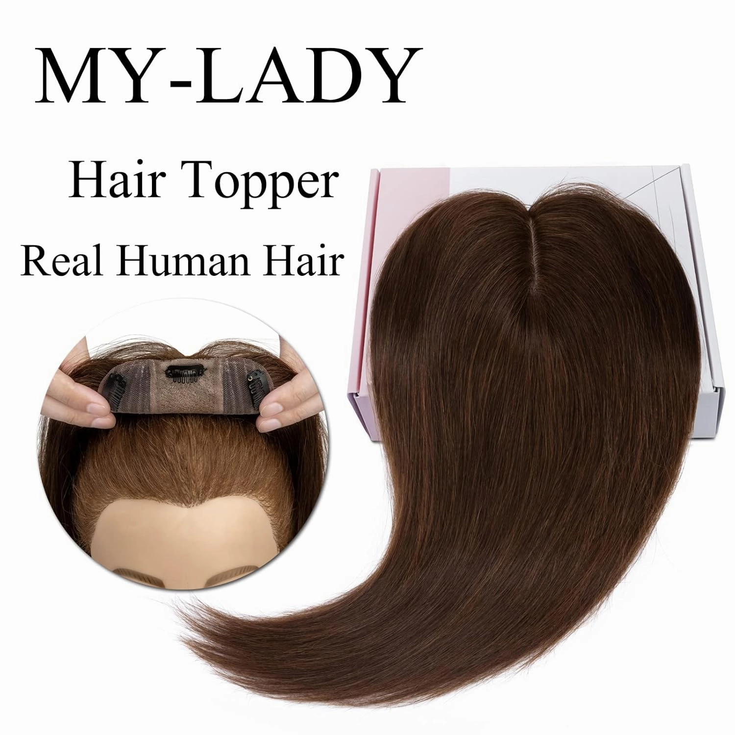 MY-LADY Human Hair Toppers for Women Real Remy Hair 130% Density 10 * 12CM Silk Base No Bangs Clip in Hair Pieces Straight Hairpiece for Thinning Hair 8 Inch #04 Medium Brown