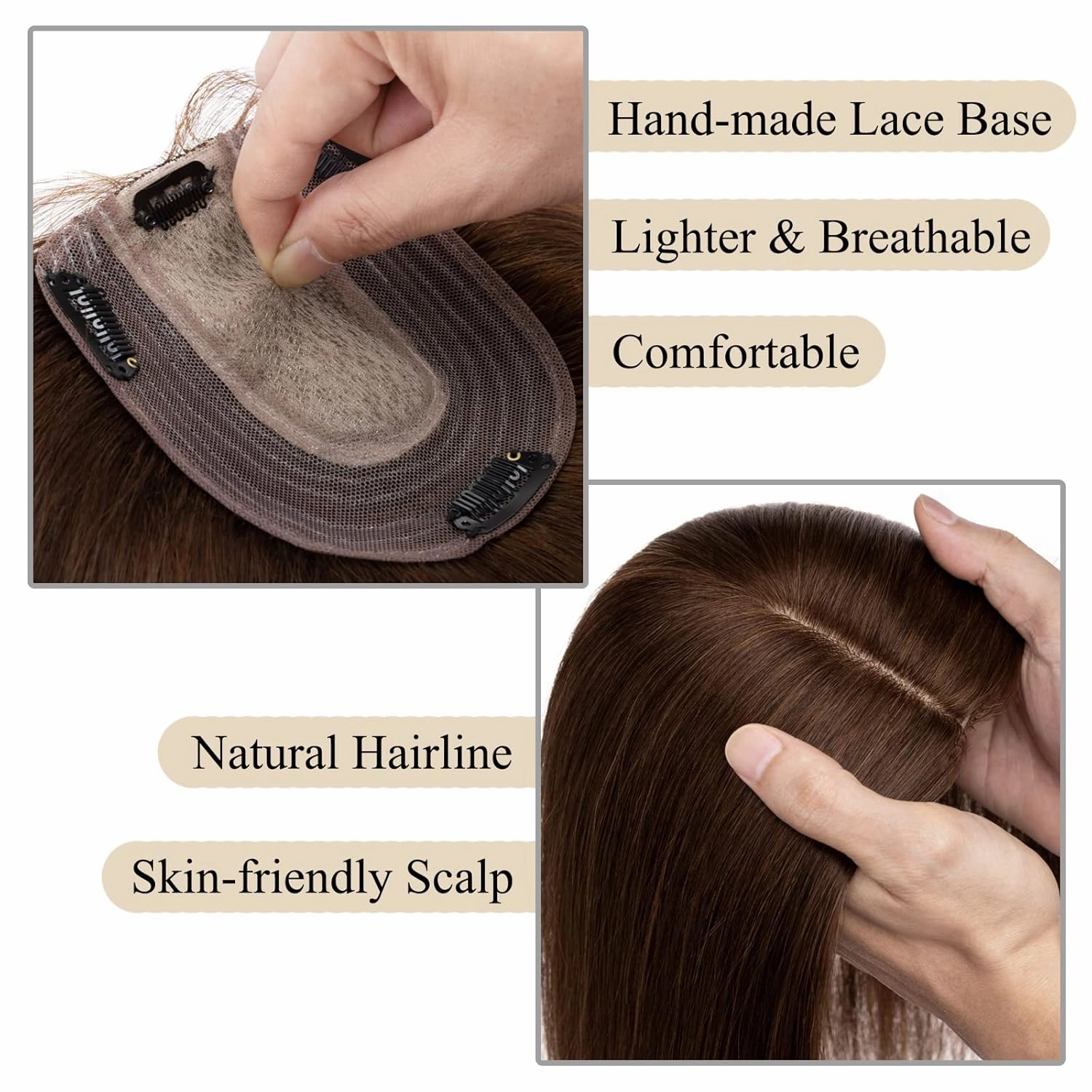 MY-LADY Human Hair Toppers for Women Real Remy Hair 130% Density 10 * 12CM Silk Base No Bangs Clip in Hair Pieces Straight Hairpiece for Thinning Hair 8 Inch #04 Medium Brown