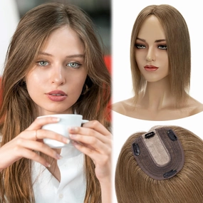 MY-LADY Human Hair Toppers for Women Real Remy Hair 130% Density 10 * 12CM Silk Base No Bangs Clip in Hair Pieces Straight Hairpiece for Thinning Hair 8 Inch #06 Light Brown