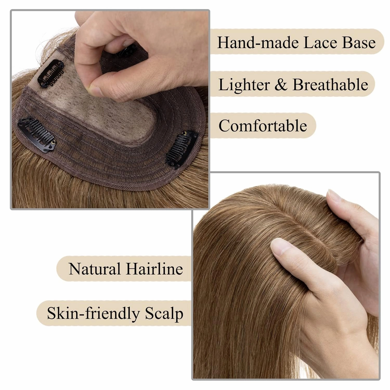 MY-LADY Human Hair Toppers for Women Real Remy Hair 130% Density 10 * 12CM Silk Base No Bangs Clip in Hair Pieces Straight Hairpiece for Thinning Hair 8 Inch #06 Light Brown